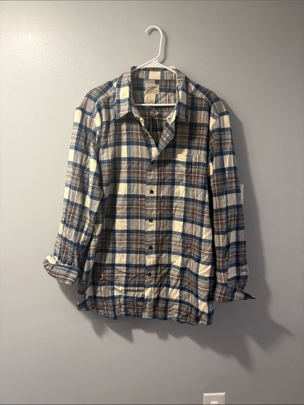 L.L. Bean Plaid Button-Down Shirt in Cream, Blue & Brown